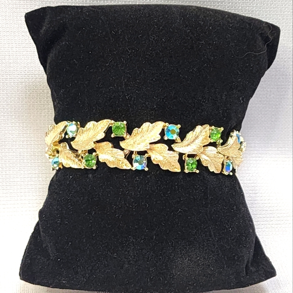 Lisner Vintage Iridescent Blue-Green Leaf and Rhinestones Bracelet